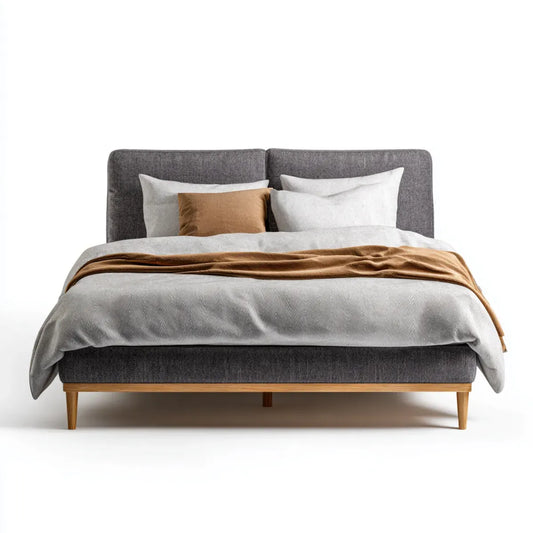 Letto matrimoniale imbottito grigio scuro 160 x 200 cm in poliestere con testiera rettangolare e piedi in legno massello di gomma