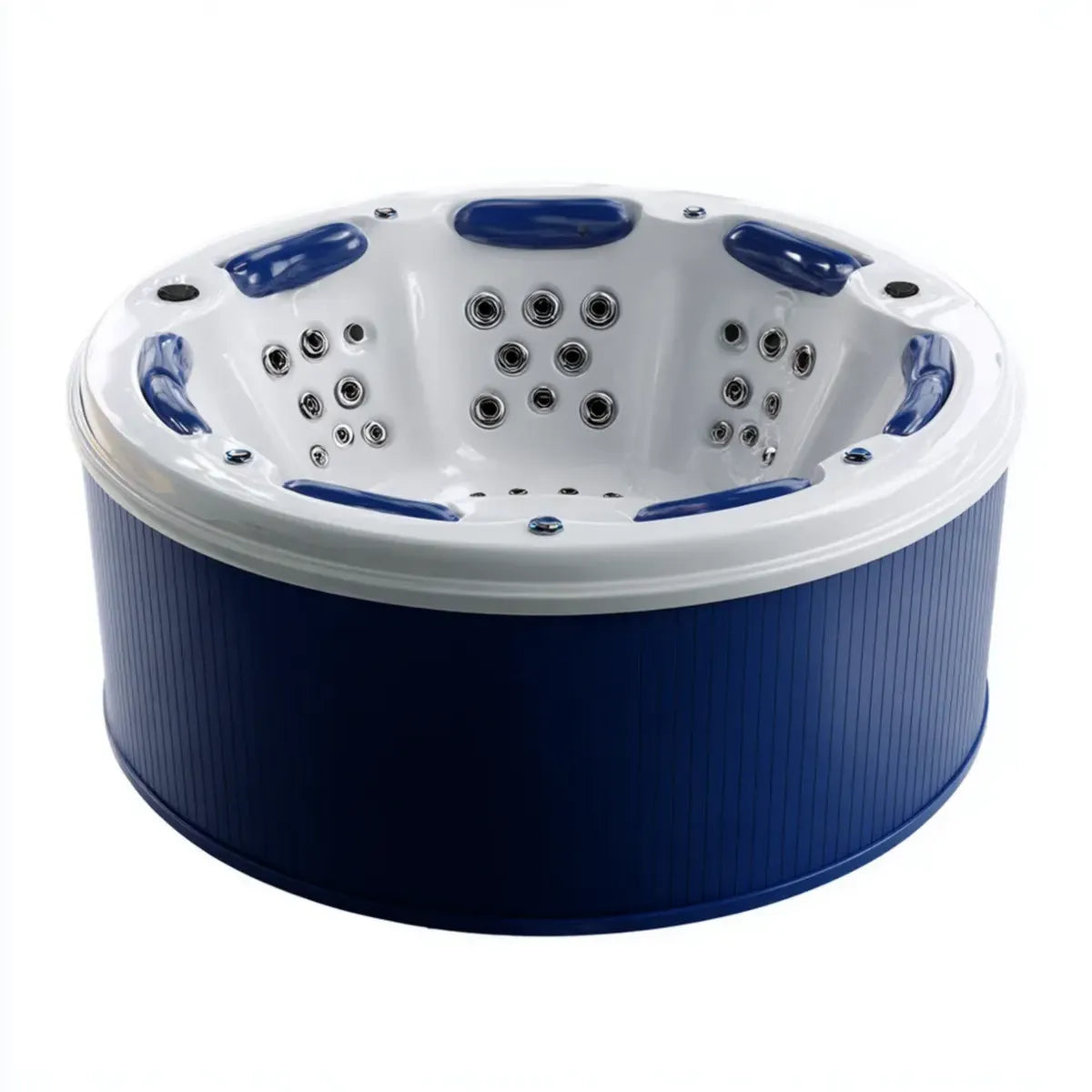 Vasca idromassaggio rotonda bianca e blu 200 x 90 cm in acrilico e PVC per 5 persone