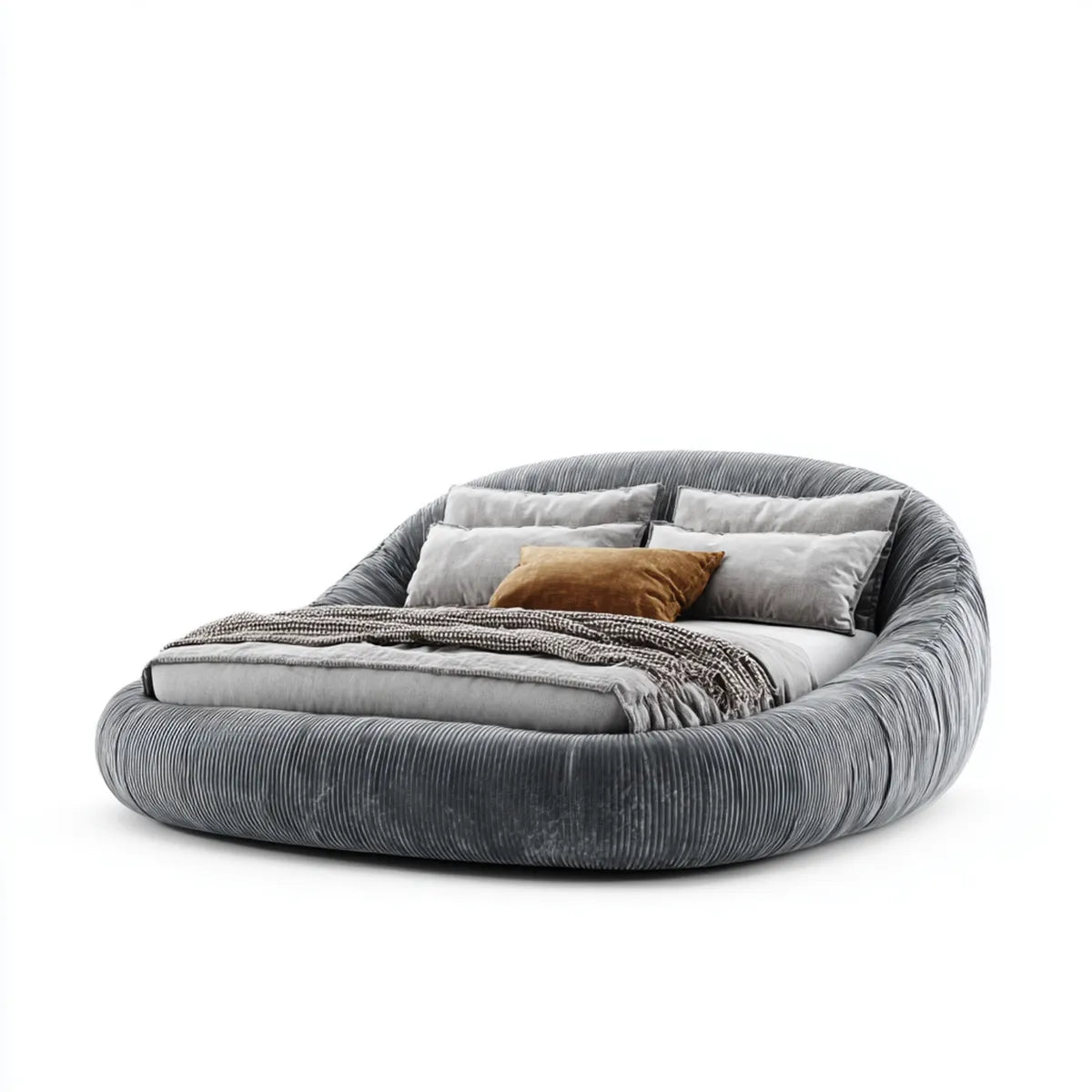 Letto matrimoniale imbottito grigio 180 x 200 cm in poliestere forma ovale