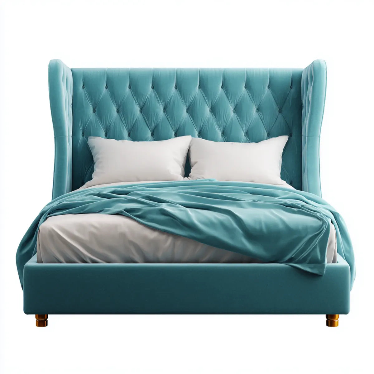 Letto matrimoniale imbottito turchese 160 x 200 cm in velluto di poliestere con testiera capitonné rettangolare